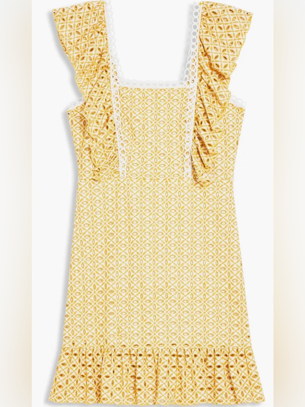Topshop Mustard Yellow Broderie Eyelet Ruffle Mini Dress Size 8
